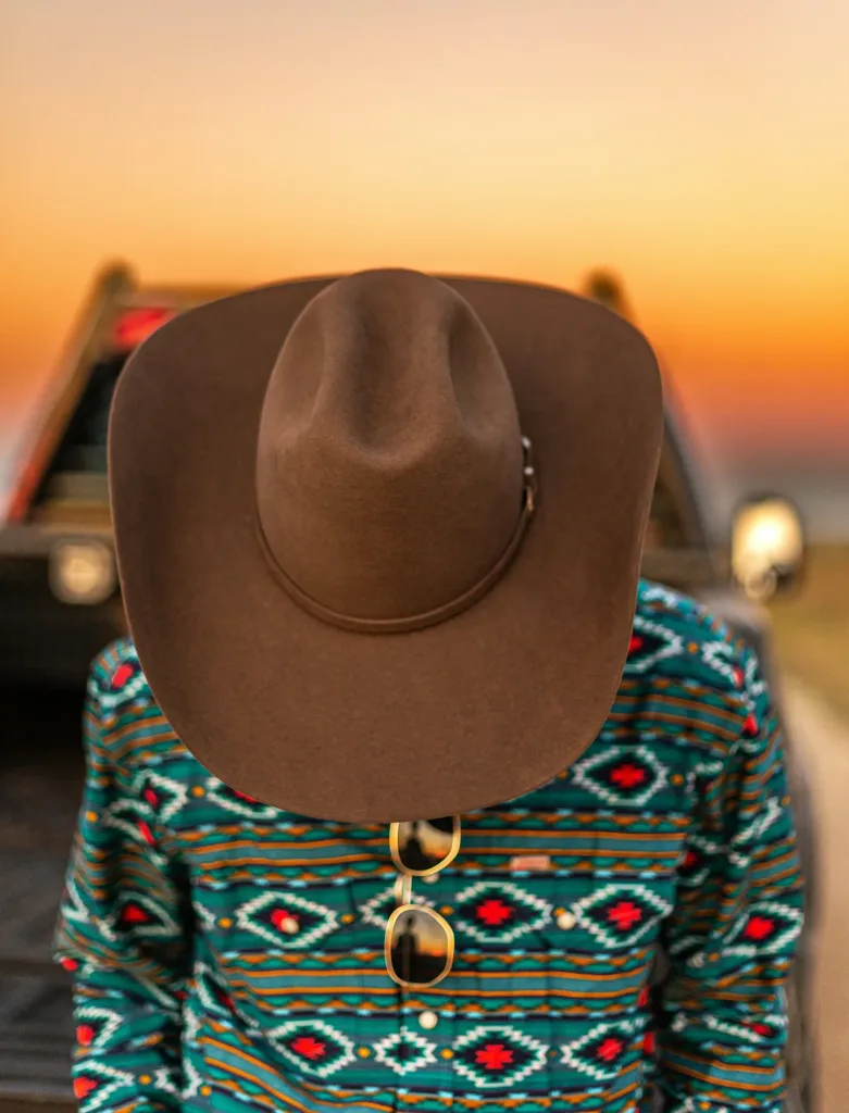 Aztec pattern fleece and felt hat facing a desert sunset