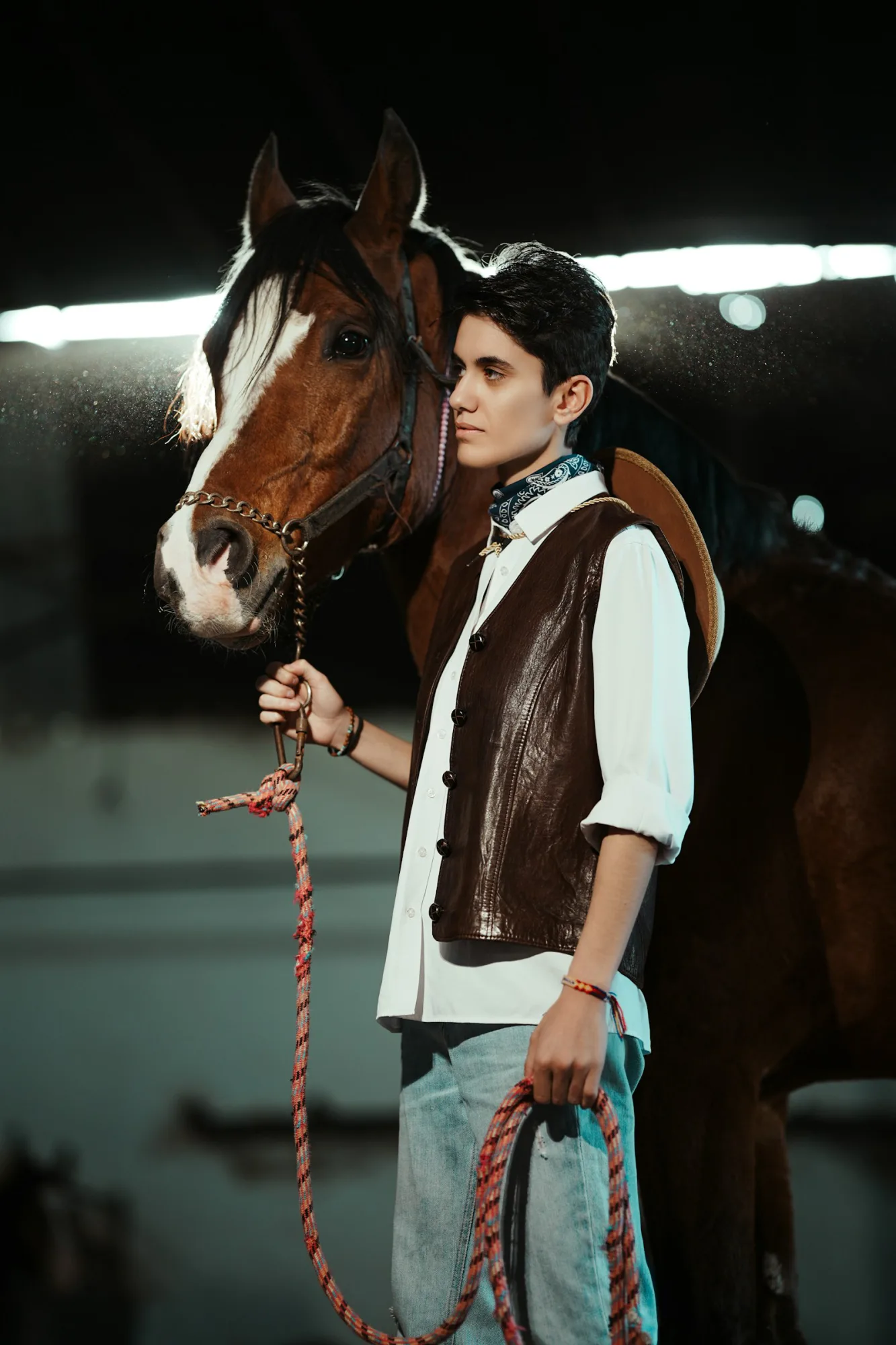Suede western vest full look with rope lead