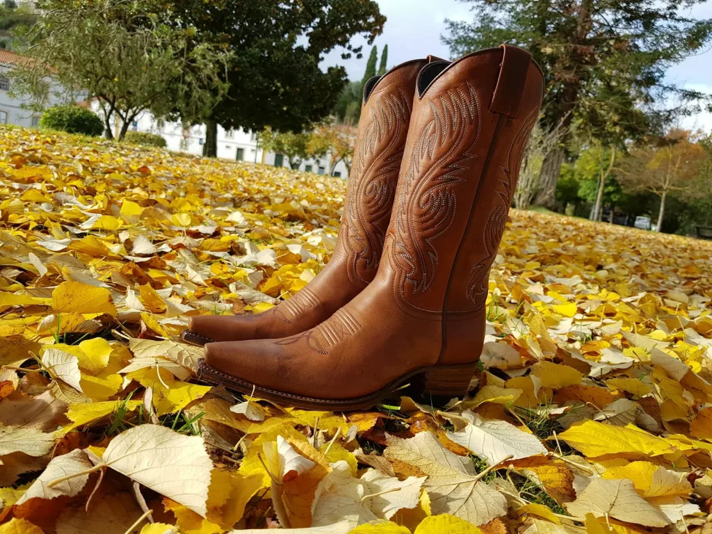 Brown tooled leather western boots in autumn leaves
