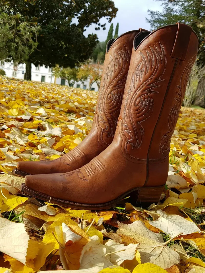 Brown tooled leather western boots in autumn leaves