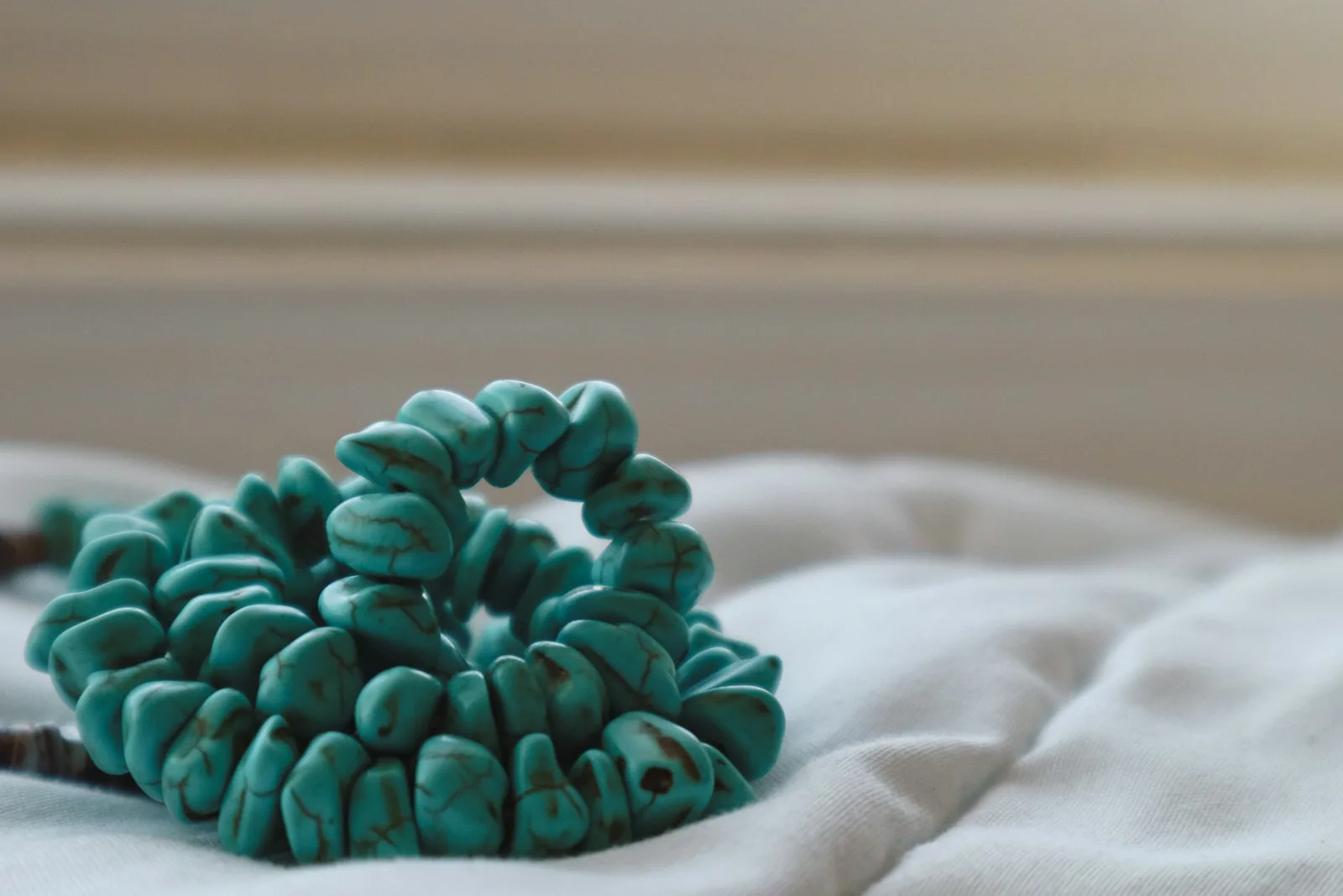 Turquoise necklace detail with brown heishi beads